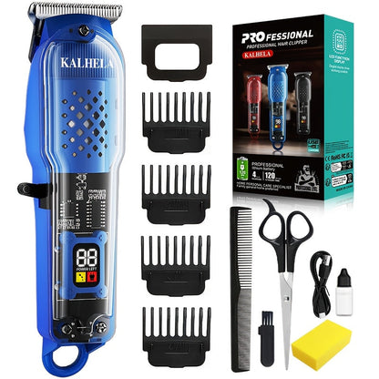 Transparent Electric Hair Clipper with Digital Display, Four Guide Combs, Grooming Tools and Red, Black or Blue Finish
