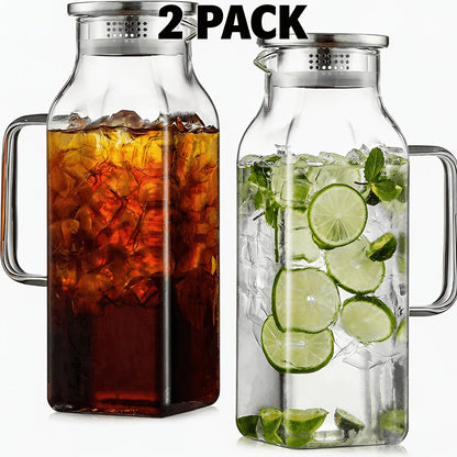 Square 68-Ounce Glass Pitcher with Metal-Look Lid and Handle in Two-, Six- or Twelve-Piece Packs