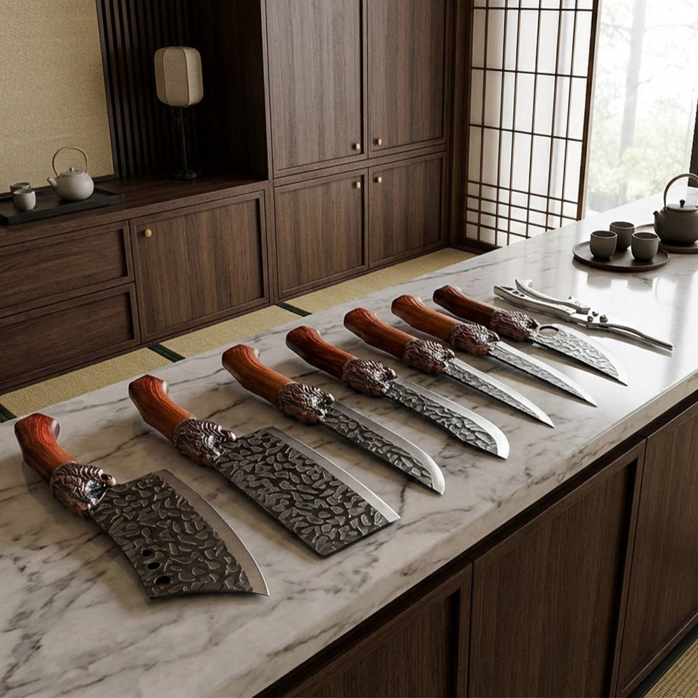 Kitchen Knife Set 4- or 7-Piece Forged Stainless Steel with Boning, Slicing, Butcher Knives, Shears and Rack Options