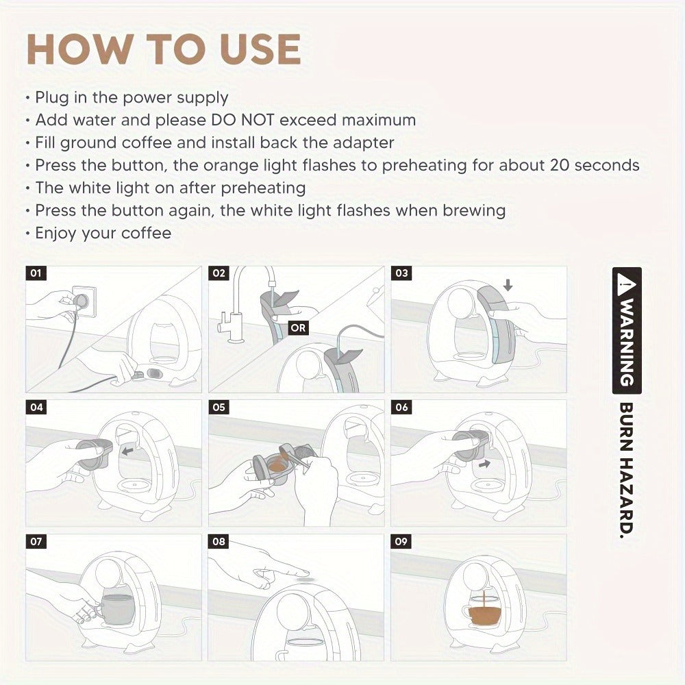 Compact Single-Serve Coffee Maker for Pods, Grounds or Tea with 4-8oz Serving Label and Four Colors