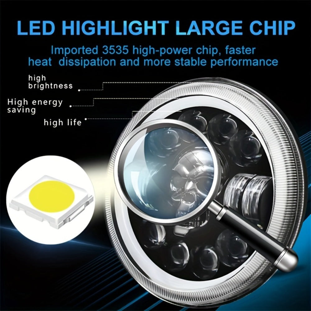 7 Inch Motorcycle LED Headlight Skull Ghost Design – Colorful Demon Eye Round Head Lamp, Custom Car Headlight Modification Front Light