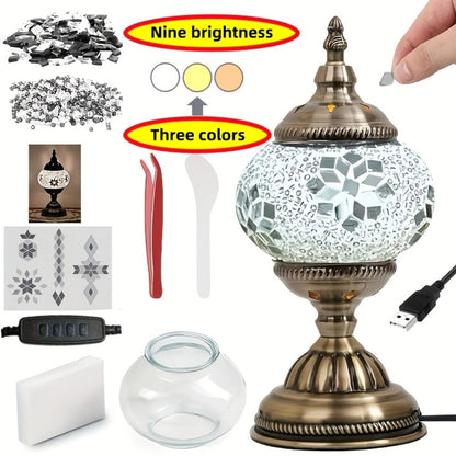 DIY Turkish Moroccan Mosaic Lamp Kit Handmade Glass Metal Brass Dimmable Bohemian Table Light for Entryways, Bedrooms and Living Spaces