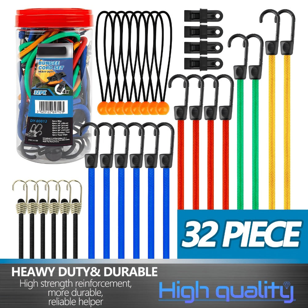Bungee Cords Assortment 32pcs with Hooks 10 18 24 32 40 Inch Tarp Ball Ties and Tarp Clips for Entryways, Bedrooms and Living Spaces
