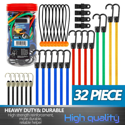 Bungee Cords Assortment 32pcs with Hooks 10 18 24 32 40 Inch Tarp Ball Ties and Tarp Clips for Entryways, Bedrooms and Living Spaces