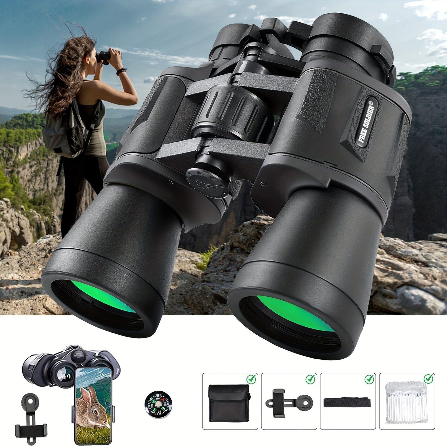 Full-Size 10x50 Binoculars with Smartphone Adapter, Carry Case and Neck Strap in Black, Mud or Green