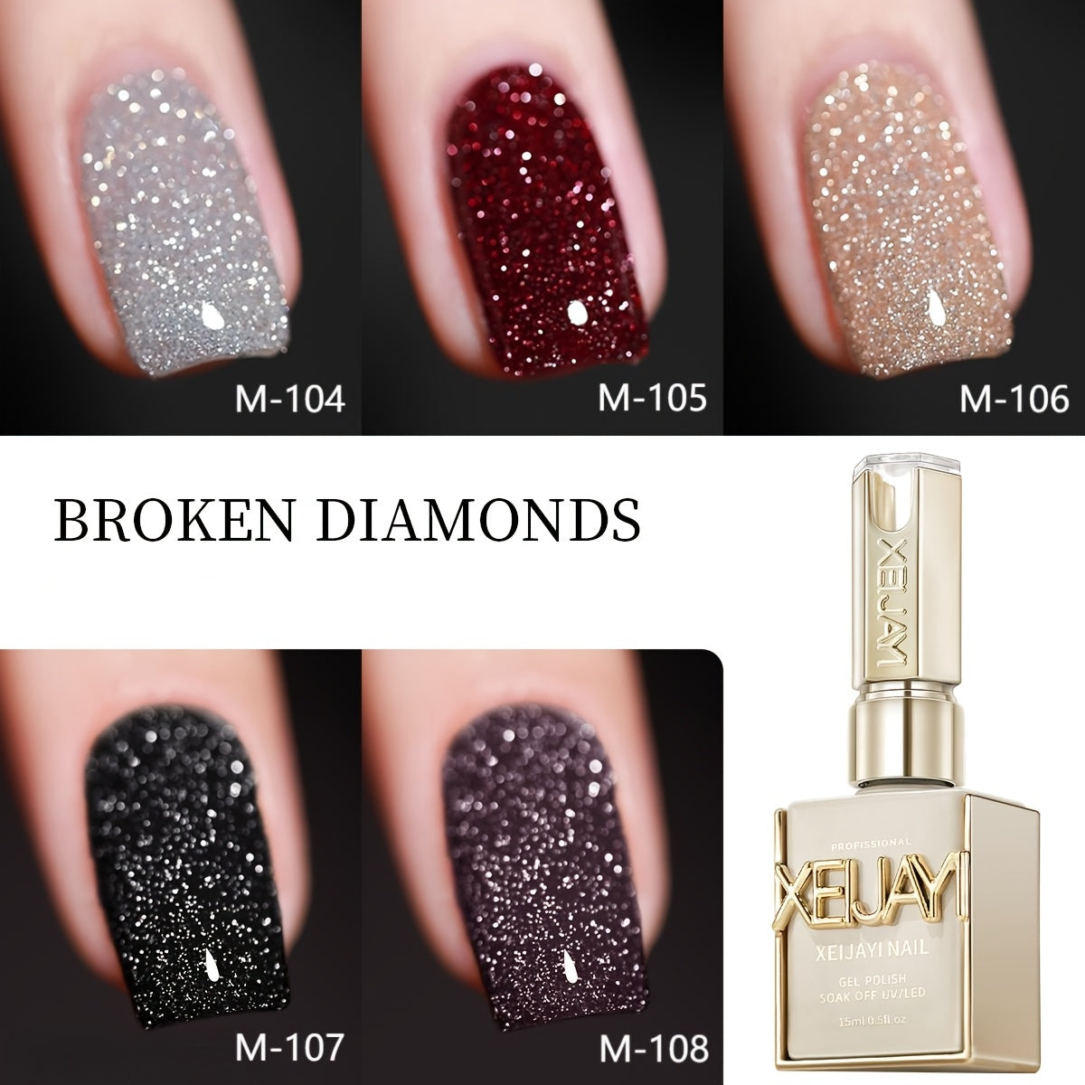Gel Nail Polish 5-Color Broken-Stone Glitter Set in 0.51oz Bottles with Sparkling Finish and UV/LED Soak-Off Cure