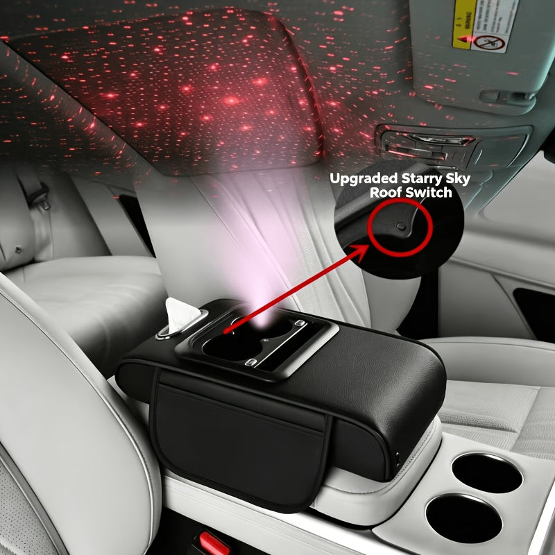 Car Armrest Box Cover Starry Sky Memory Foam Center Console Pad with Type-C USB Charging Port & Storage Pockets