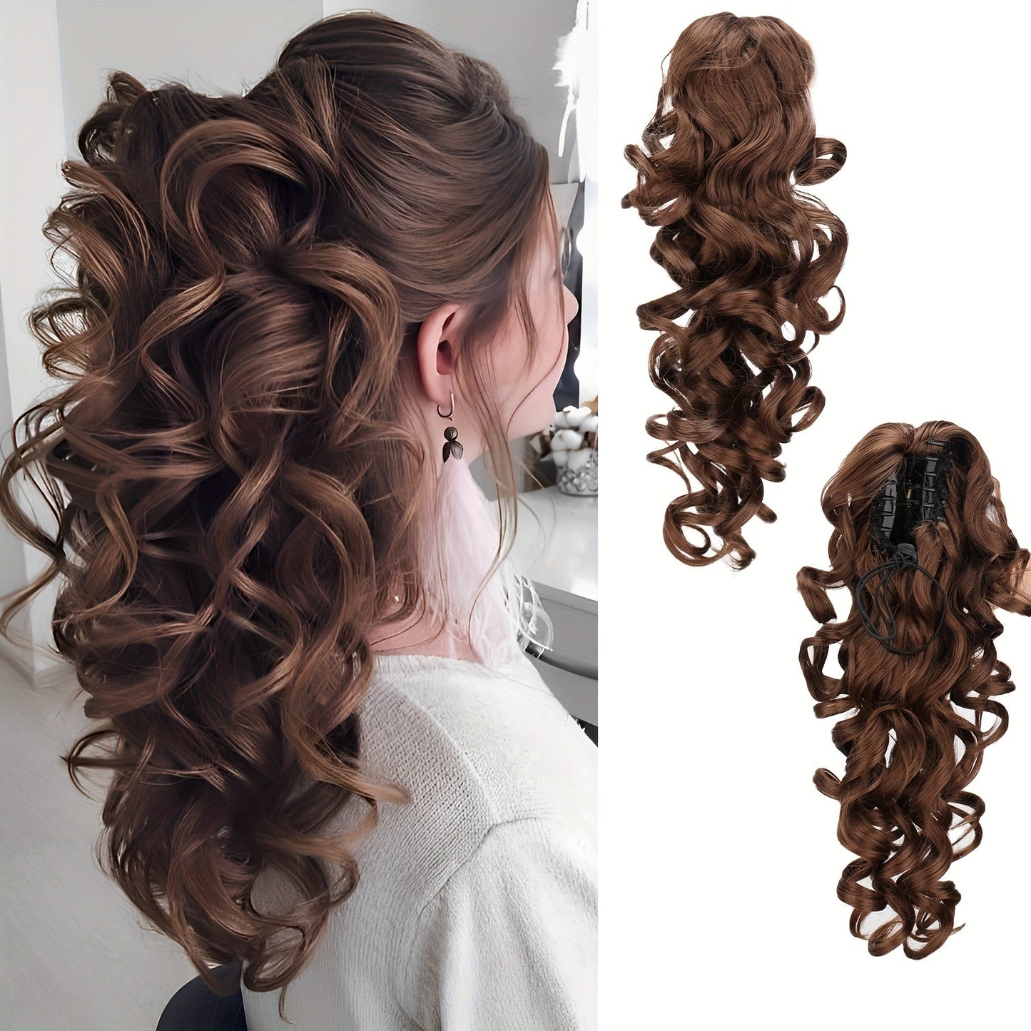 Scroll Curl Claw Clip Ponytail Extension Gradient Color 16 Inch | Synthetic Heat Resistant Hairpiece 5 Colors Linen Brown Golden Grey
