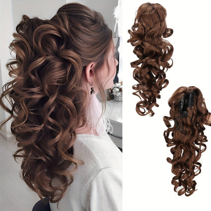 Scroll Curl Claw Clip Ponytail Extension Gradient Color 16 Inch | Synthetic Heat Resistant Hairpiece 5 Colors Linen Brown Golden Grey