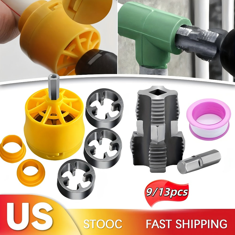 Pipe Threading Set 9 & 13-Piece, Power Drill Water Pipe Thread Dies for 1/2", 3/4" & 1" Inside & Outside Threading