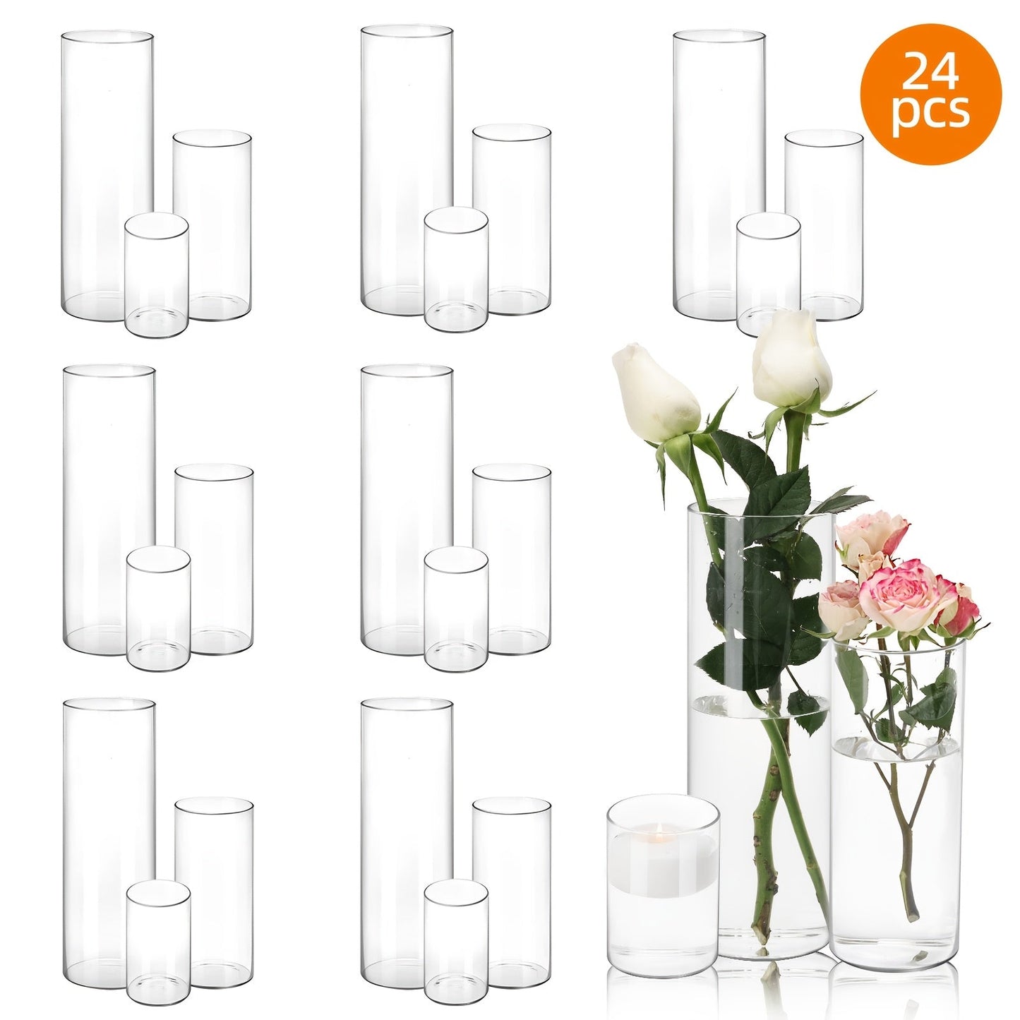 Glass Cylinder Vases 24 Pack Clear 4 8 12 Inch Tall Bulk Set for Wedding Centerpieces for Entryways, Bedrooms and Living Spaces