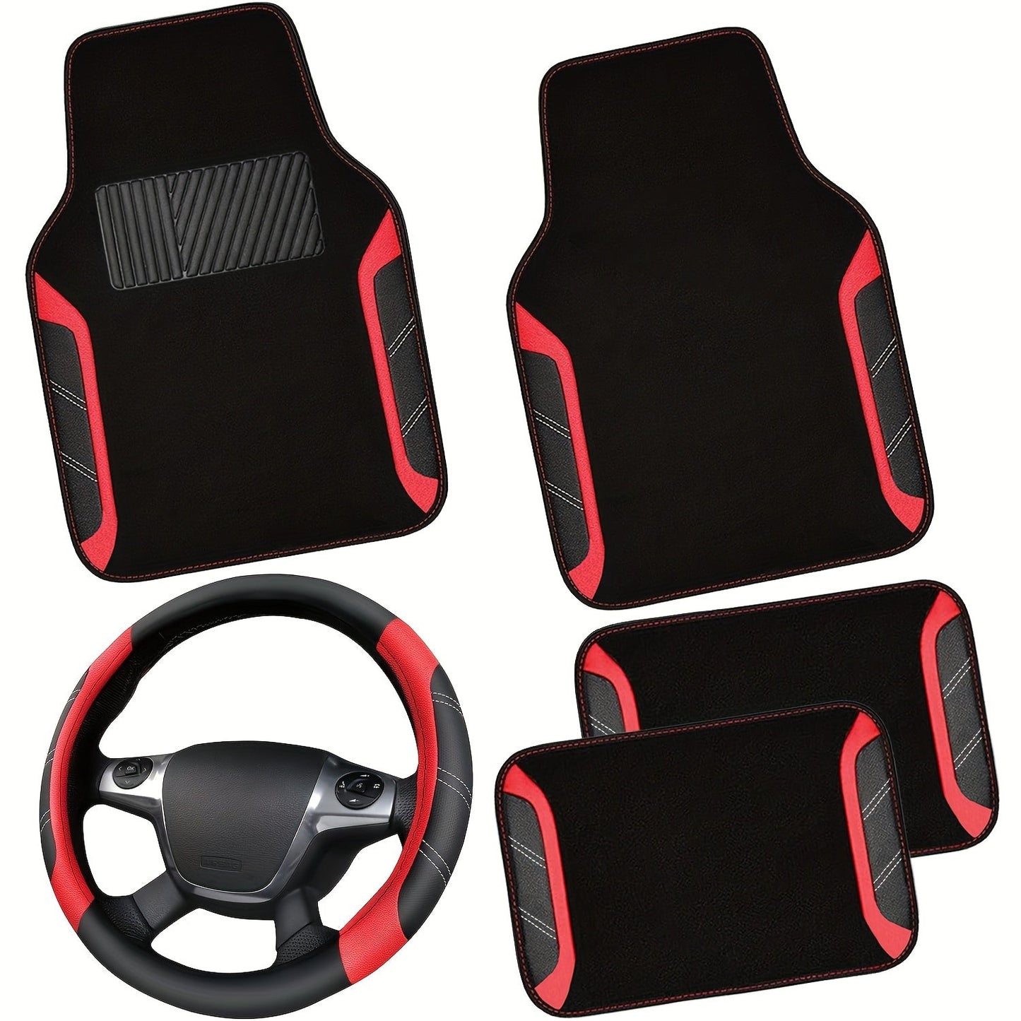 Steering Wheel Cover & Waterproof Car Floor Mats Combo Set – Microfiber Anti-Slip Universal Fit 14.5-15 Inch for 95% Sedan SUV Cars