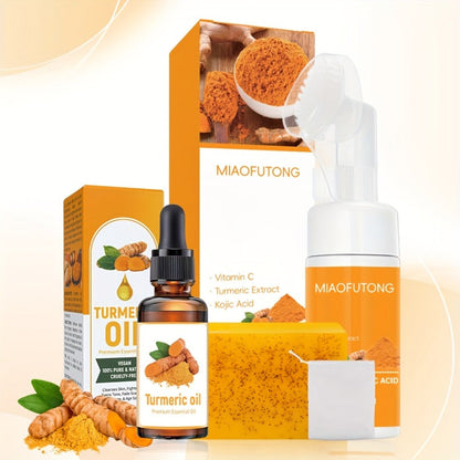 Turmeric Bath & Skin Care Set 3-Piece – Brightening Mousse, Soap & Oil for Hair, Face & Body, Gentle Moisturizing Cleanser Gift Set