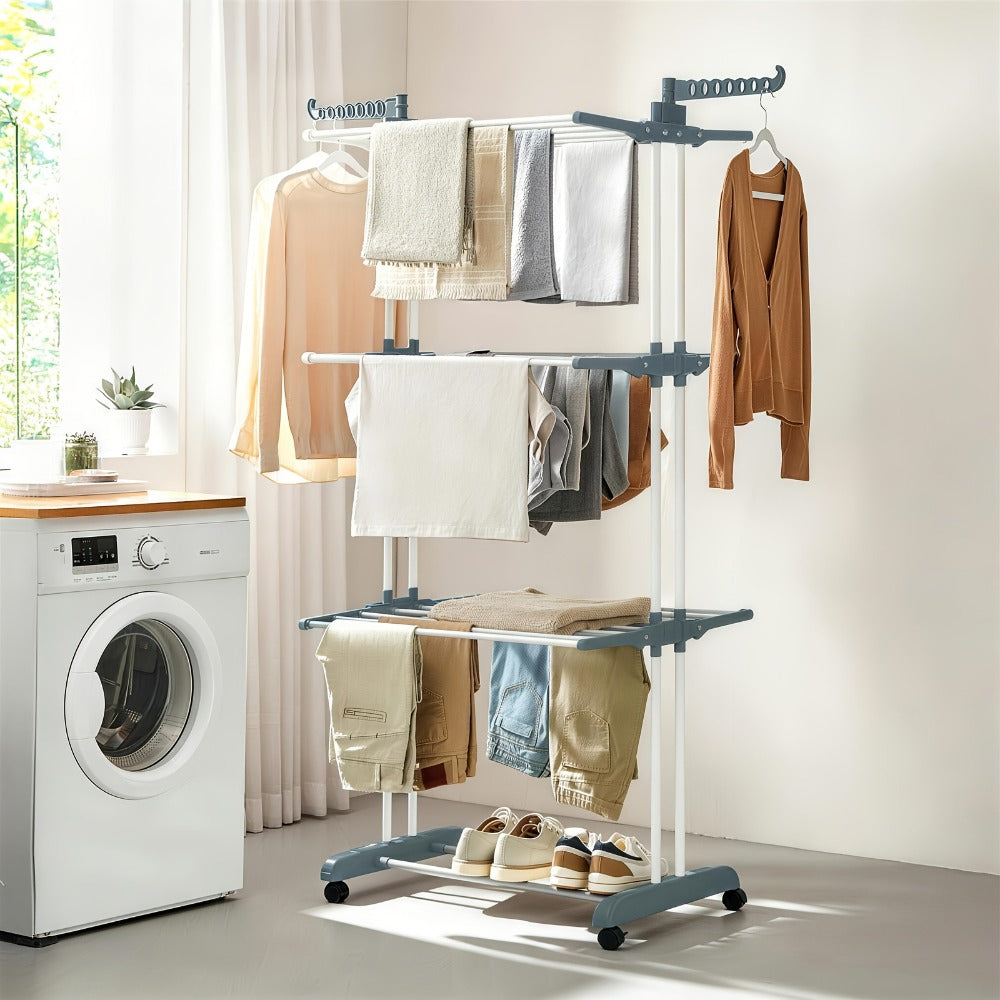 Clothes Drying Rack 4-Tier Foldable Metal Laundry Rack with Rolling Casters, Holds 30+ Garments, Adjustable Shelf Heights