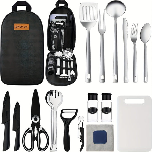 Portable Camp Kitchen Cooking Utensil Set with Water-Resistant Travel Organizer Case – Compact Grill Accessories Kit for Backpacking, BBQ
