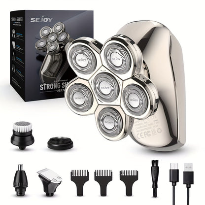 7D Head Shaver Bald Men 5-in-1 Waterproof Wet Dry Electric Razor – Type-C Rechargeable 6500-7500RPM Rotary Grooming Kit with Nose Hair