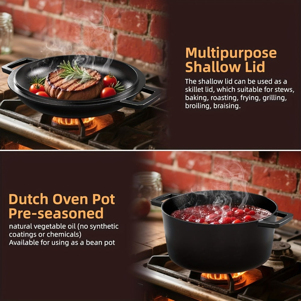 Cast Iron Dutch Oven Set 5.1QT & 7QT with Skillet Lid – Pre-Seasoned 2-in-1 Cookware for Stovetop, Induction, Oven, Campfire & BBQ