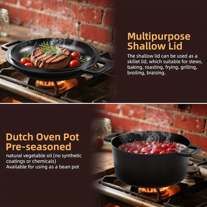 Cast Iron Dutch Oven Set 5.1QT & 7QT with Skillet Lid – Pre-Seasoned 2-in-1 Cookware for Stovetop, Induction, Oven, Campfire & BBQ