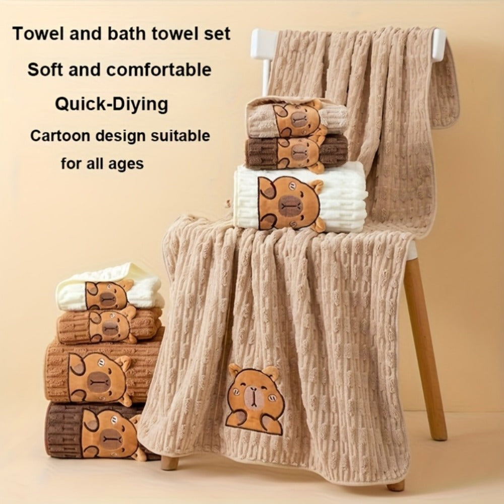 Towel Set 2 Piece Capybara Coral Fleece Face Towel and Bath Sheet in Four Printed Styles for Home and Guest Use