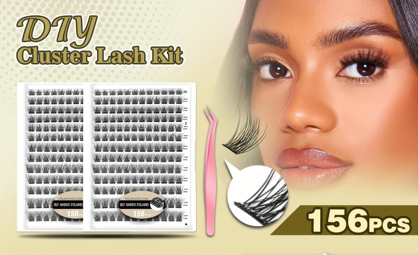 156-Piece Self-Adhesive Lash Cluster Tray with Yellow and Pink Tweezers in NATURAL Style and 14.5cm Case