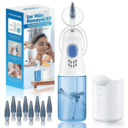 Blue Manual Ear Irrigation Kit with Squeeze Bottle, Separate Catch Cup and Multiple Pictured Tip Shapes