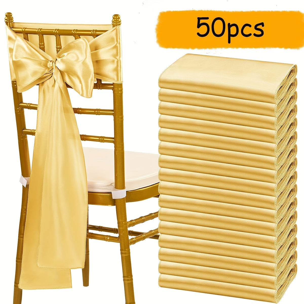 Satin Chair Sashes Bows 50pcs, 7x108 Inch Chair Waist Belt Bow Ties for Wedding Reception, Banquet