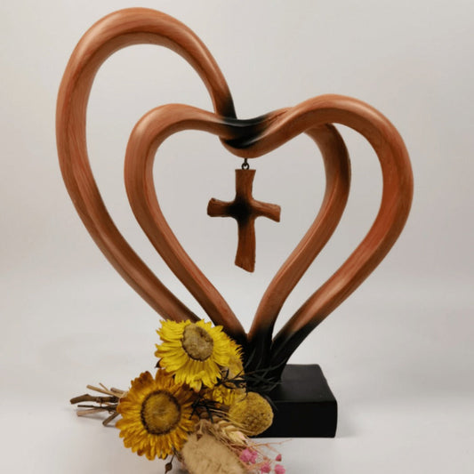 Resin Cross Ornament Wood Grain Love Design – Modern Decorative Cross Statue for Home Office Desktop, Mother's Day Valentine's Day Gift