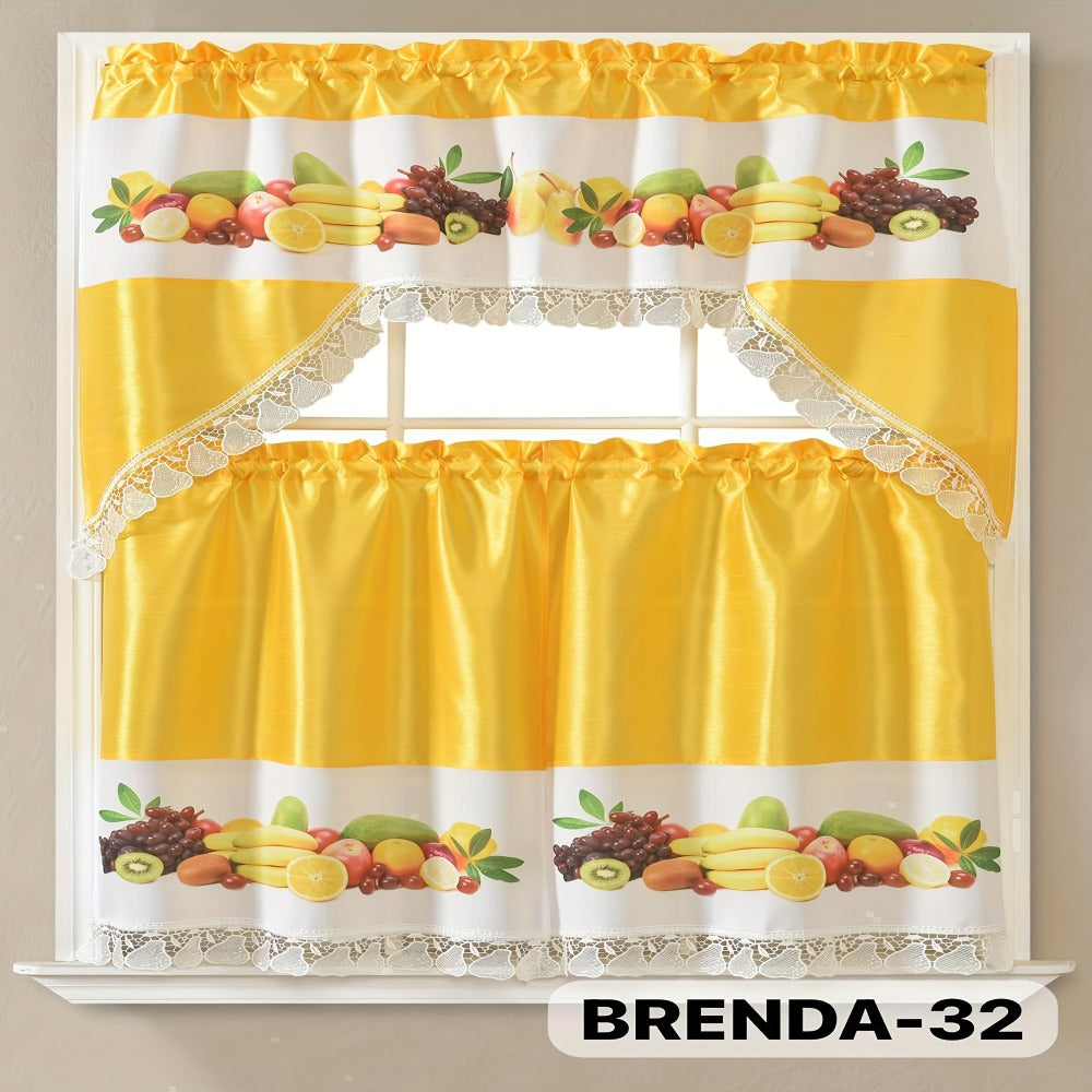 Kitchen Curtains 3 Piece Set Embroidered Satin Valance and Tiers – Rod Pocket Light Filtering Machine Washable 46 Colors