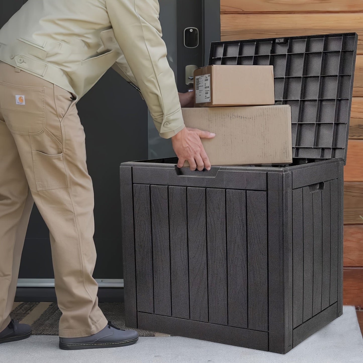 35-Gallon Deck Box with Wood-Grain or Rattan-Style Panels in Black or Light Brown Color Options