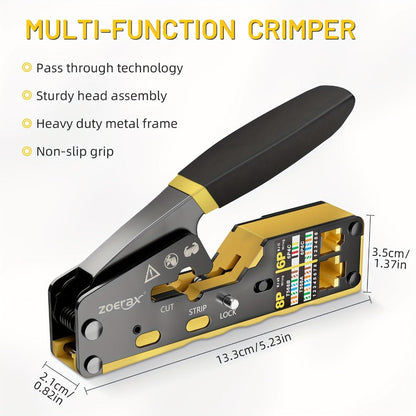 RJ45 Crimping Tool Kit Ethernet – CAT5/CAT5e/CAT6 Pass Through Crimper with Cable Tester, Wire Stripper, Pliers, Spare Blades