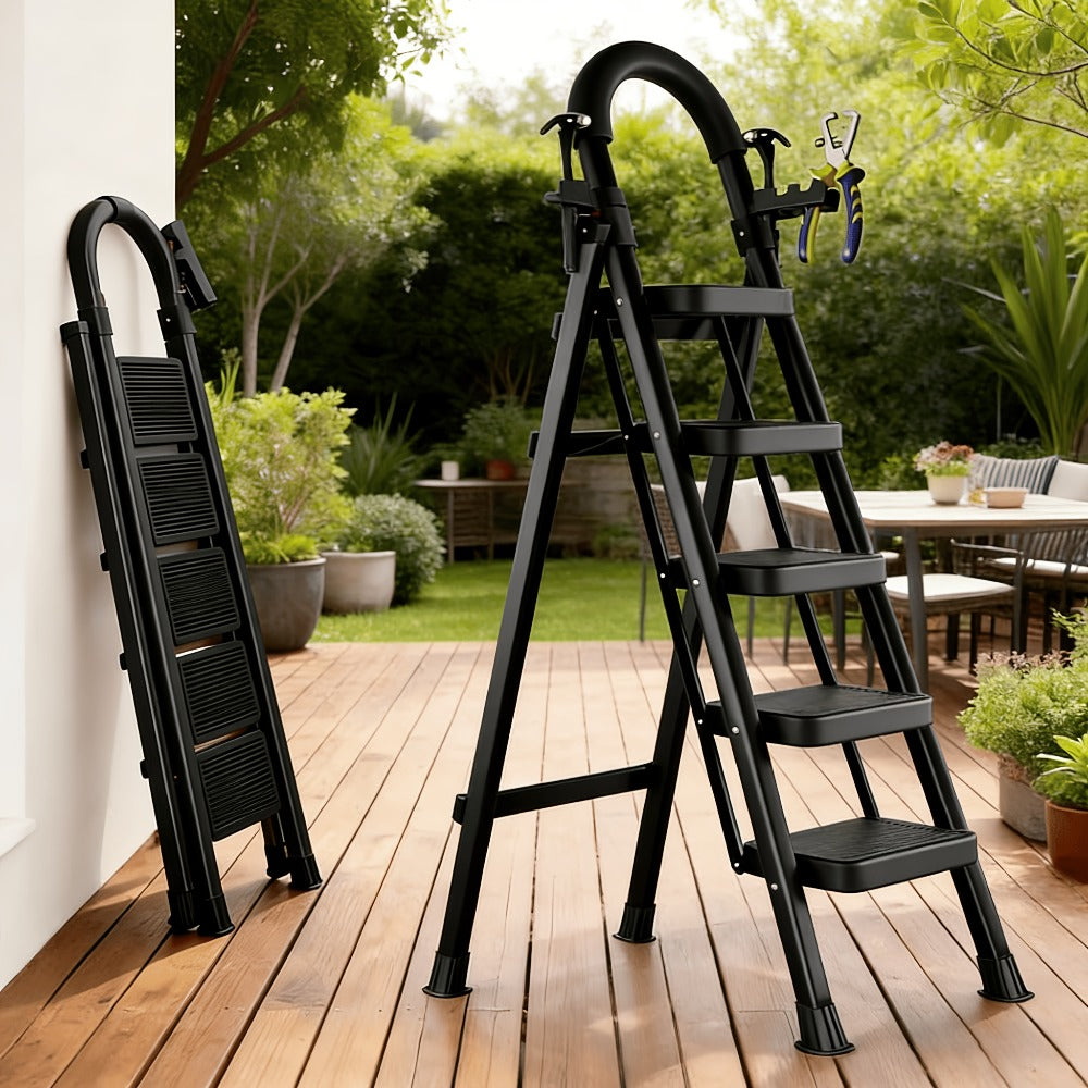Folding Step Stool Ladder Steel with Anti-Slip Wide Treads & Handrails, Safety Lock, Portable Multi-Step Ladder for Home