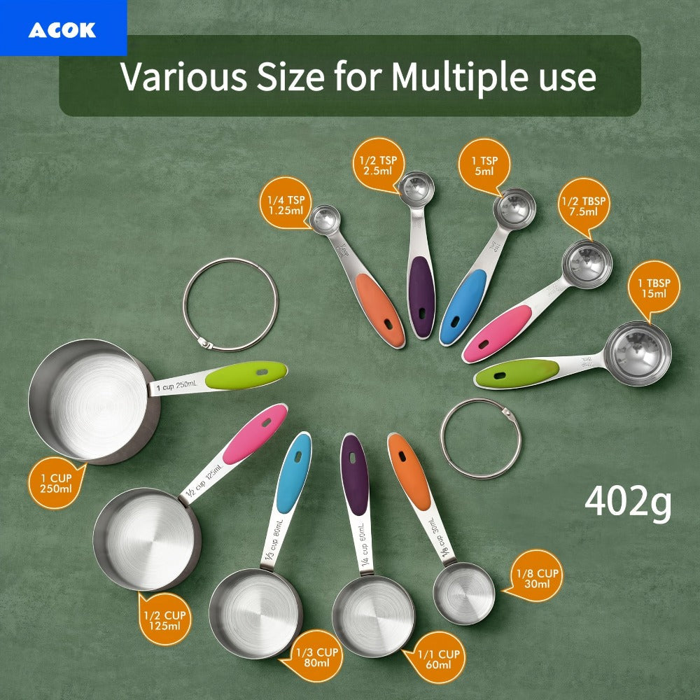 Measuring Cups and Spoons Set 10-Piece Stainless Steel with Silicone Handle, Precise Baking & Cooking Measurement Tools