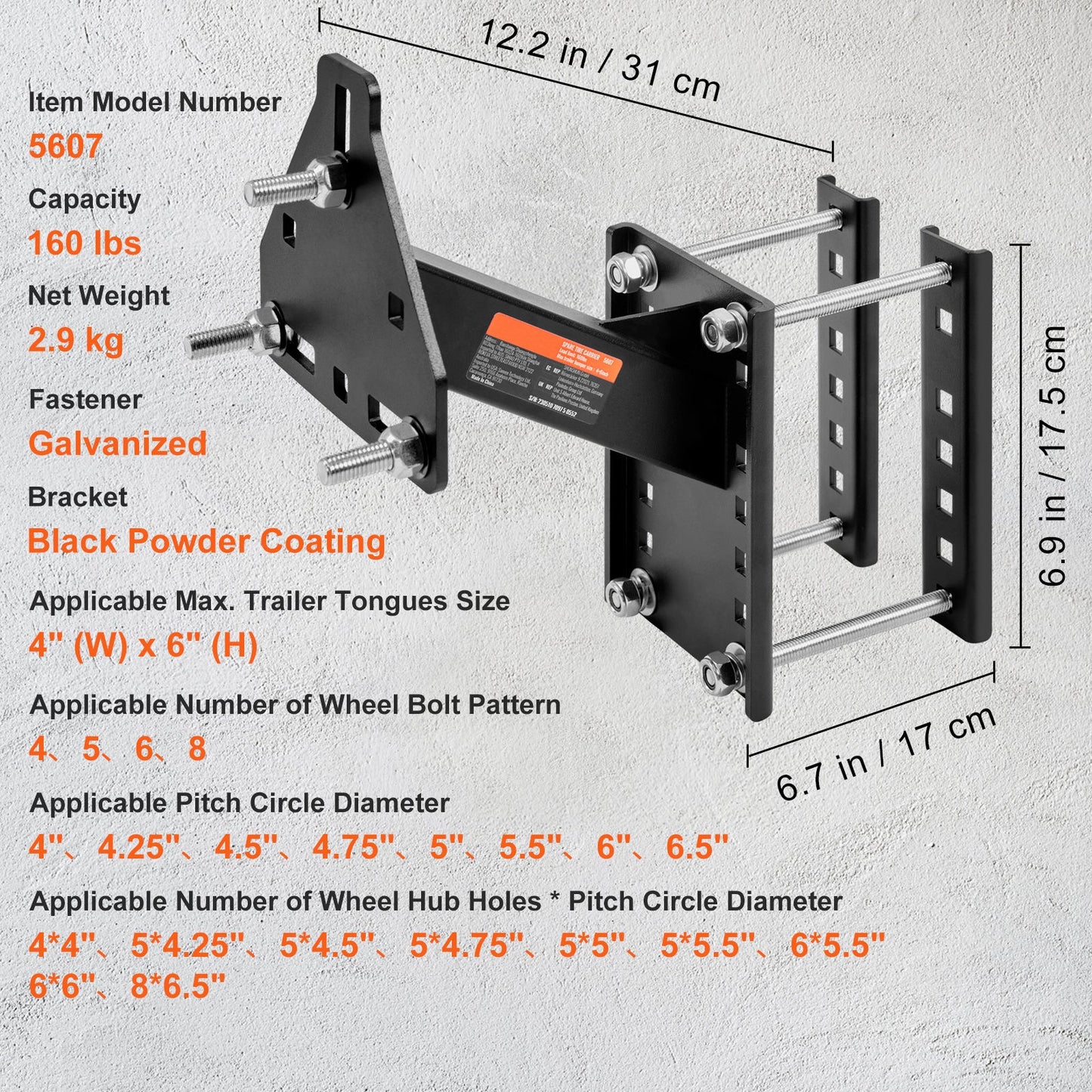 Trailer Spare Tire Carrier Mount 160 LBS – Steel Universal Spare Tire Holder for Utility Marine Trailer, Fits 4 5 6 8 Lug Wheels