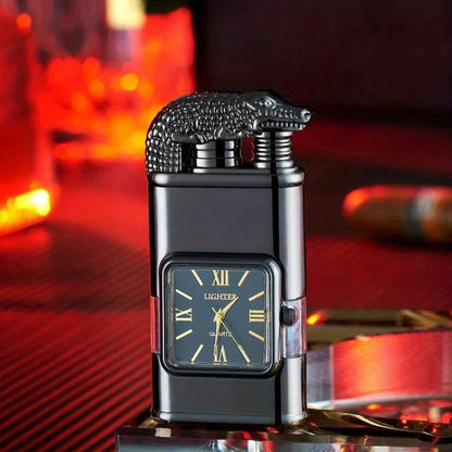 Quartz-Dial Torch Lighter with Rectangular Black Body and Three Sculpted Top Style Options