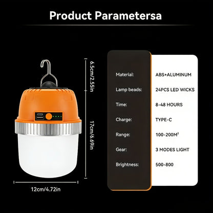 Orange Hanging Camping Lantern with Three Brightness Settings, Type-C Charging Port and Integrated Hook