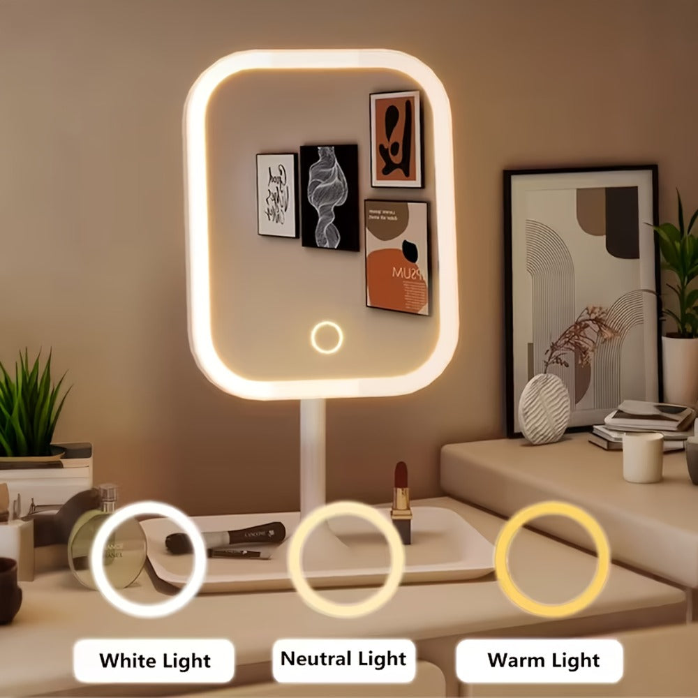 LED Makeup Mirror with Lights Rechargeable, Foldable Lighted Vanity Mirror 3 Color Modes Touch Dimming Portable Stand