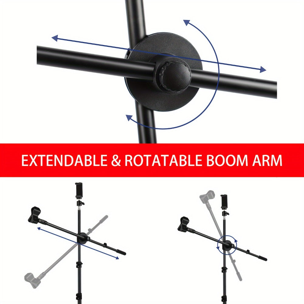 Adjustable Tripod Microphone Stand with Boom Arm Floor Mount Metal Mic Stand Dual Mic Clips Phone Holder for Live Performance Wedding Stage