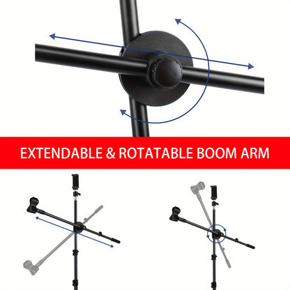 Adjustable Tripod Microphone Stand with Boom Arm Floor Mount Metal Mic Stand Dual Mic Clips Phone Holder for Live Performance Wedding Stage