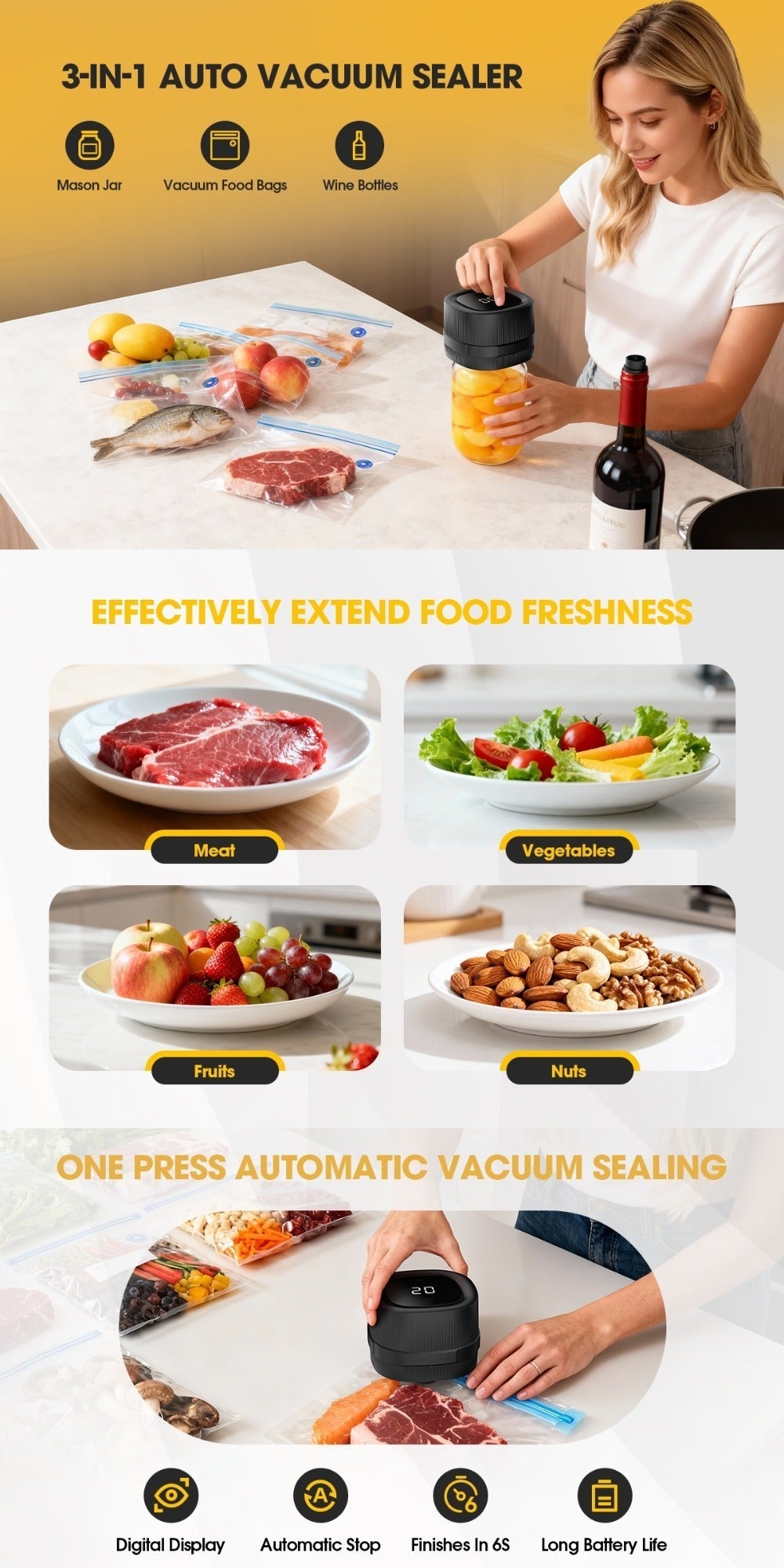 Electric Jar Vacuum Sealer 3-in-1 Food Storage Vacuum Sealer Machine with 14 Sealing Lids Wine Plug Vacuum Bag Bottle Opener