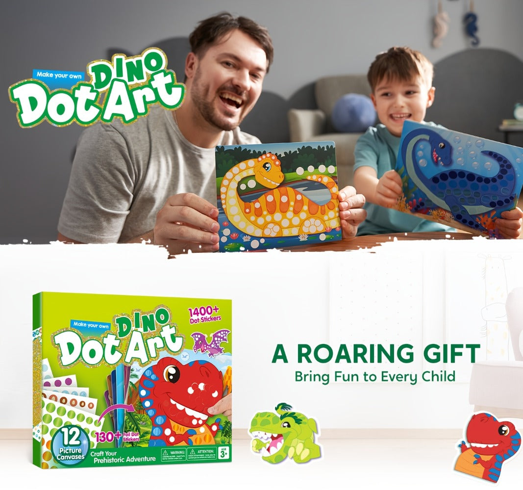 Dinosaur Dot Sticker Art Kit with 12 Picture Canvases and More Than 1, 400 Colored Dot Stickers