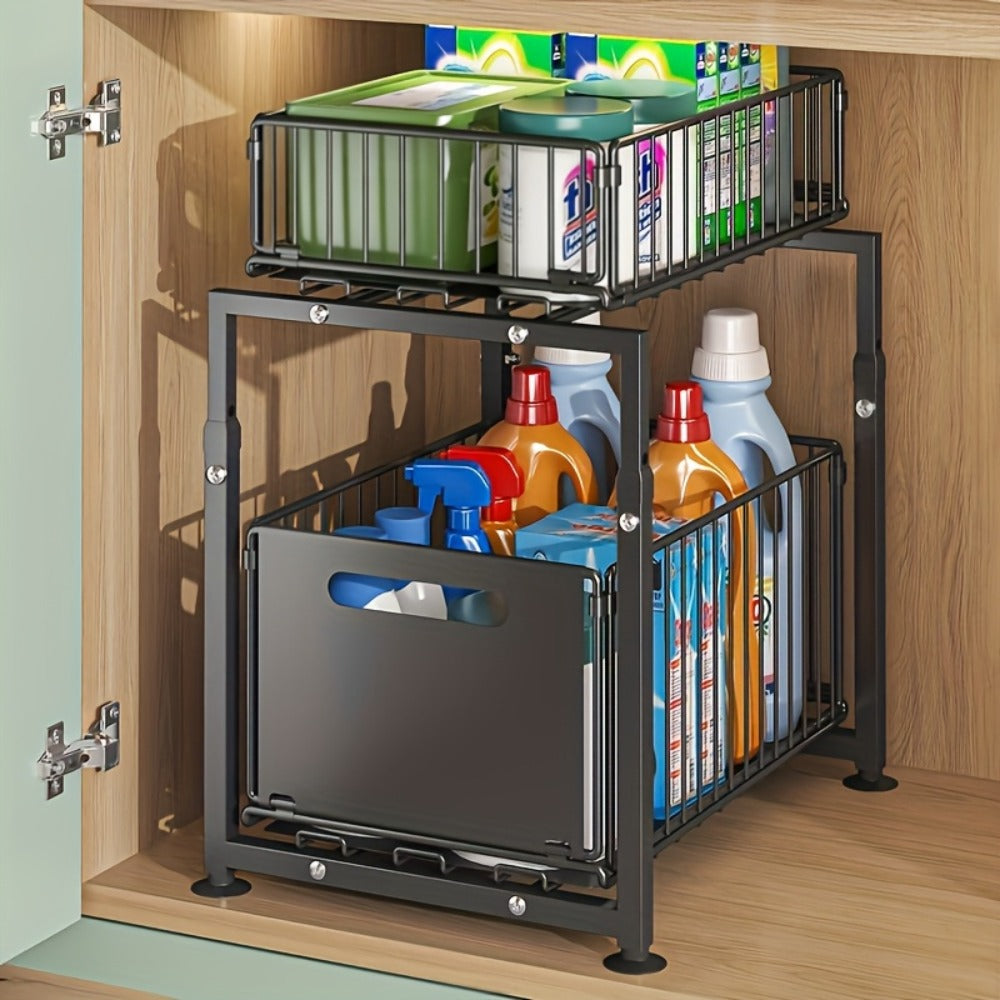 Under Sink Organizer 2-Tier Pull Out – Adjustable Height Carbon Steel Cabinet Storage Shelf for Kitchen and Bathroom