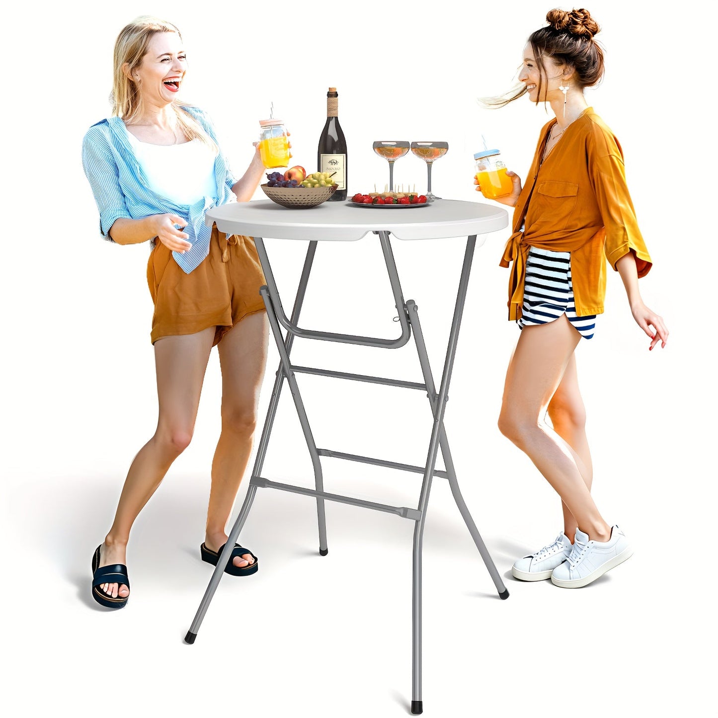 Round Bar-Height Folding Table with 31.5-Inch Top in Black or Black-and-White Two-Piece Set