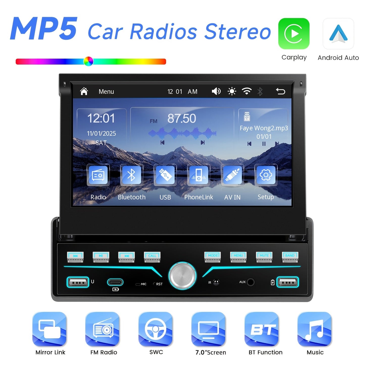 Single Din Car Stereo 7 Inch Flip Out Touchscreen – Wireless CarPlay & Android Auto, 1080P HD, FM Radio, SWC, Voice Control, USB/Type-C/AUX