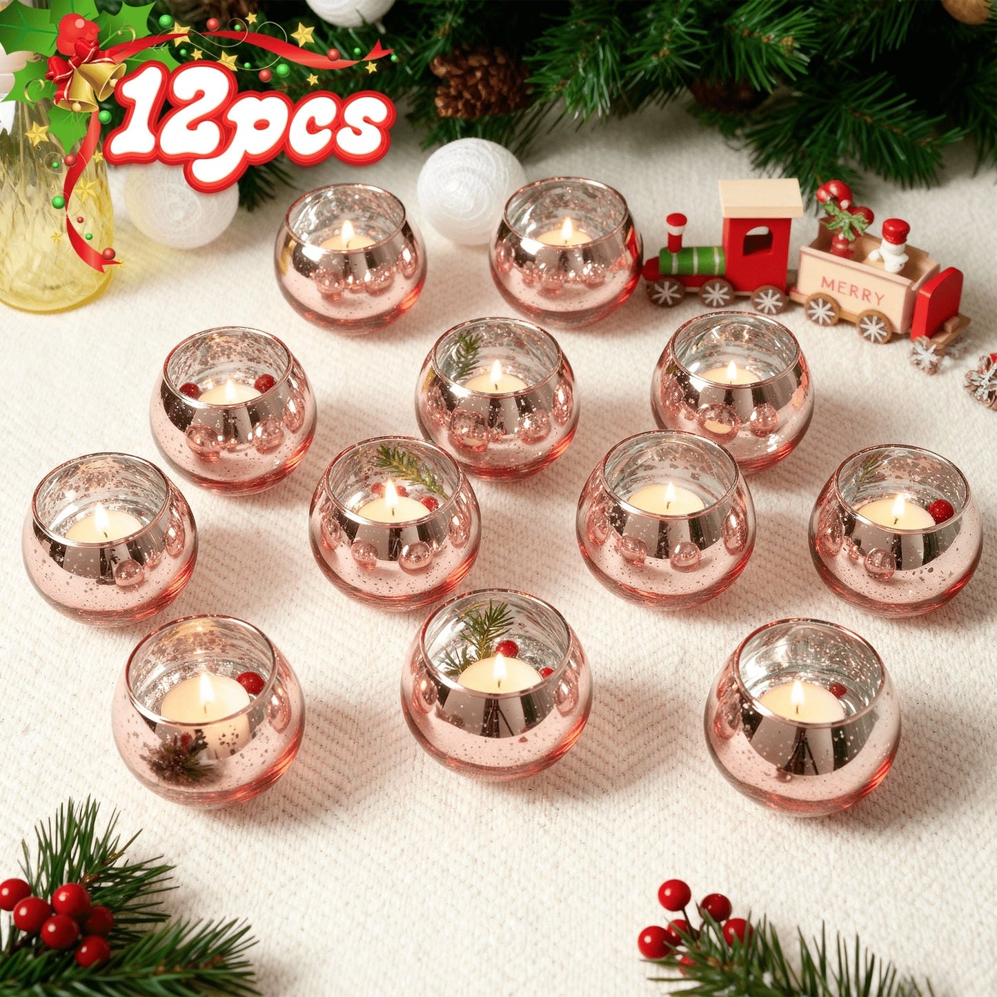 Round Glass Votive Candle Holder Sets in Gold, Pink, Silver or Green with 6-, 12- or 24-Piece Options
