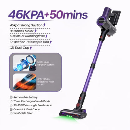 Cordless Vacuum Cleaner 46KPA Powerful Suction Detachable Battery Anti-Tangle V-Shaped Brush for Entryways, Bedrooms and Living Spaces