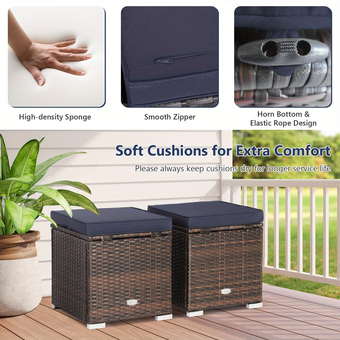 Outdoor Wicker Ottoman Set of 2 with Hidden Storage – PE Wicker Footstools with Detachable Cushions, Side Table & Extra Seating for Patio