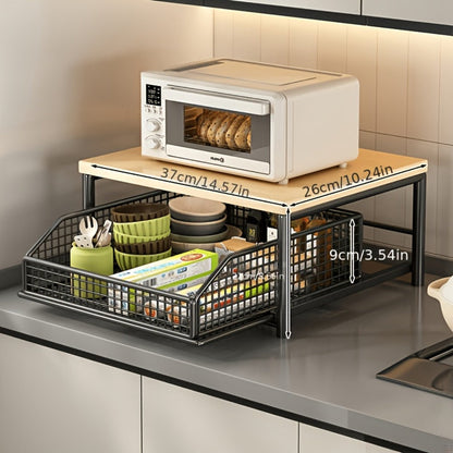 2-Tier Kitchen Countertop Organizer with Drawer & Wire Basket, Hardwood & Metal Storage Shelf for Coffee Maker