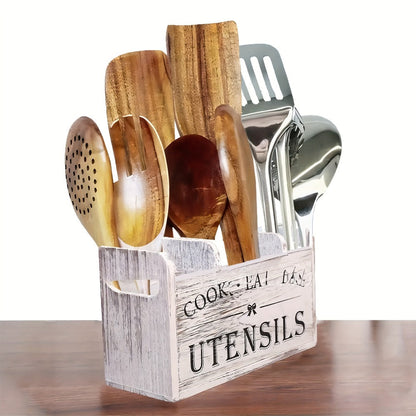 Wooden Kitchen Utensil Holder 3 Compartment Countertop Organizer, Rustic Wood Kitchen Tool Storage Box Wall Mounted or Countertop