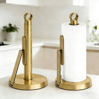 Paper Towel Holder Countertop – Stainless Steel Standing Dispenser with Tension Arm for One-Handed Tear
