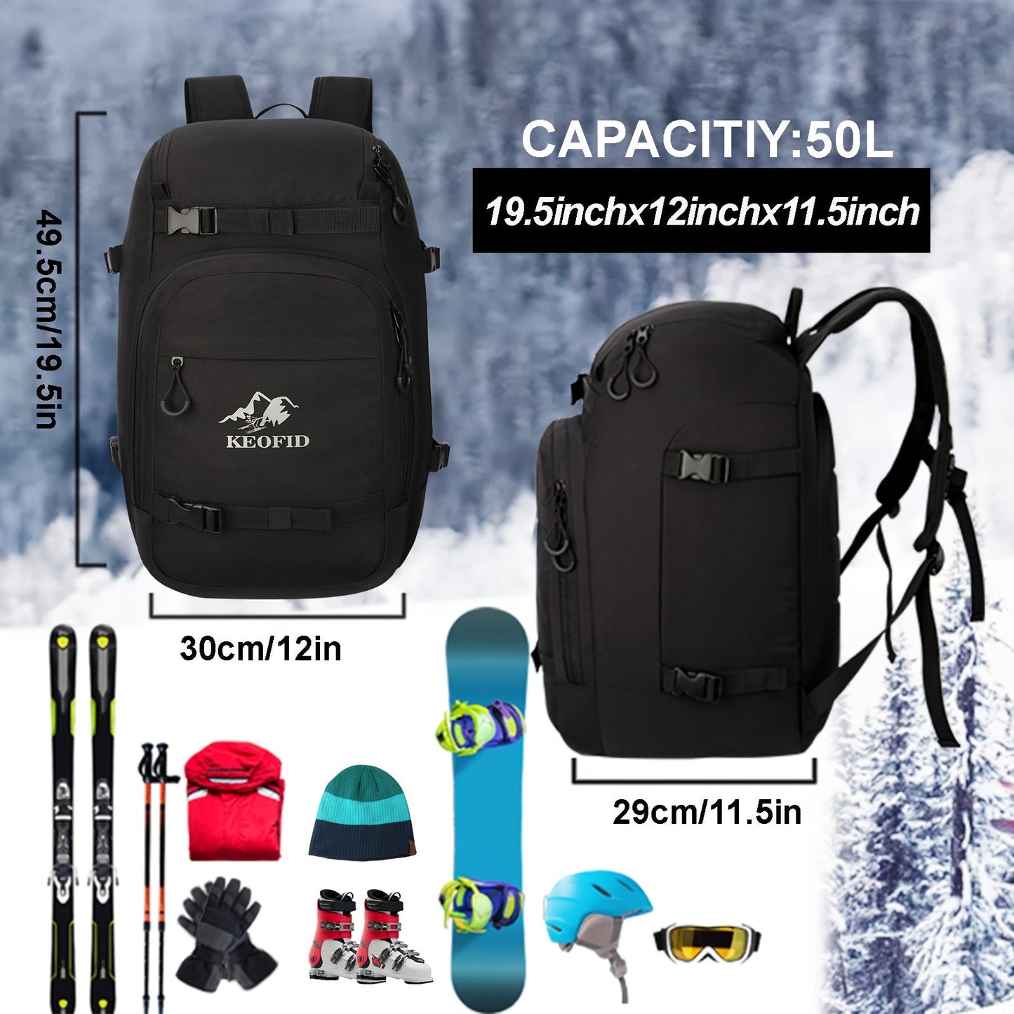 Ski Boot Bag Snowboard Backpack 40-50L Large Capacity Snow Gear Bag for Skiing Helmet Goggles Gloves Snowboard Accessories Winter Sports